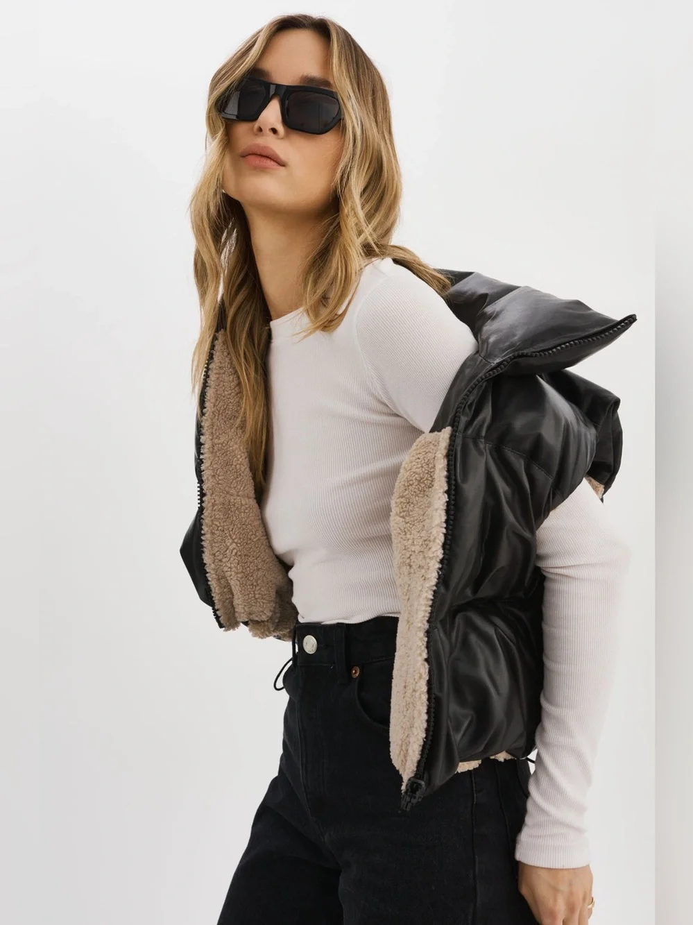 NWT Steve Madden Cream Sherpa Reversible  Vest with Black Faux Leather Yoke XL